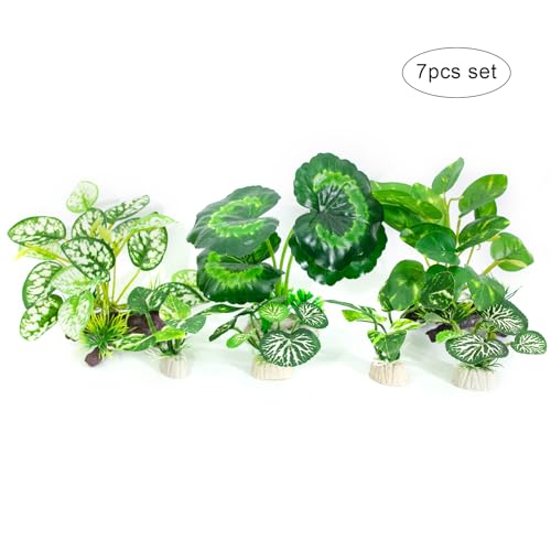 Betta Fish Tank Accessories 7 Pack Silk Aquarium Plants Decoration Artificial Fish Tank Plants Set for Aquariums Decor (F-7pcs Set/Green)