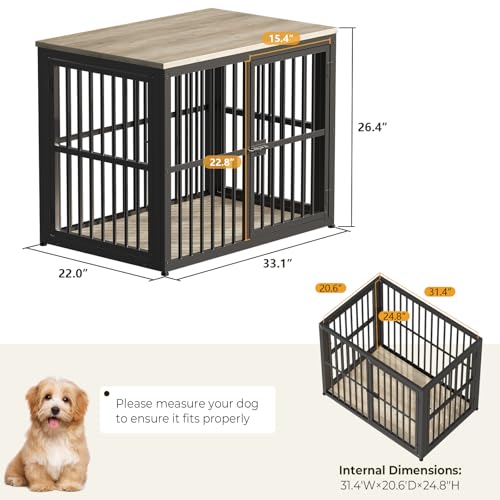33'' Dog Crate Furniture with 3 Doors for Small to Medium Dogs (Ancient gray / 33.1"L x 22.1"W x 26.0"H)