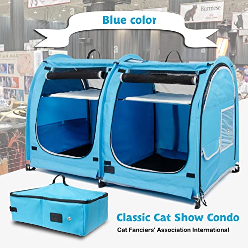 Mispace Portable 2 Pet Carriers for Cats Collapsible Cat Condo for Car Travel Pet Kennel Show Cages with Portable Carry Bag Hammocks Mats and Litter Box (Blue)