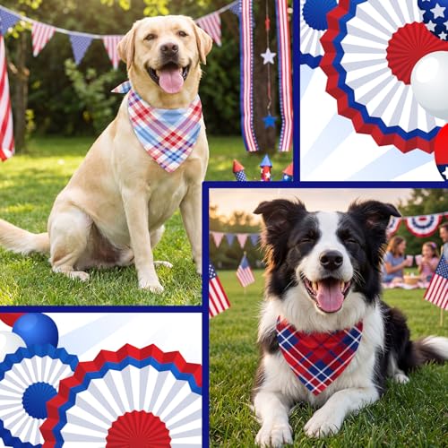50 Pcs Veterans Day Dog Bandanas Bulk (Red White Blue Plaid / 31.5 x 21.7 x 21.7")