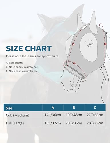 Horse Fly Mask with Forelock Opening Stretch Breathable and Comfortable for Horses UV (Peacock Blue / M)
