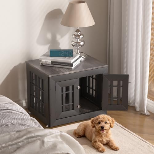 26" Heavy Duty Dog Crate Furniture for Small (26.0"L x 20.5"W x 21.3"H / Black+Grey)