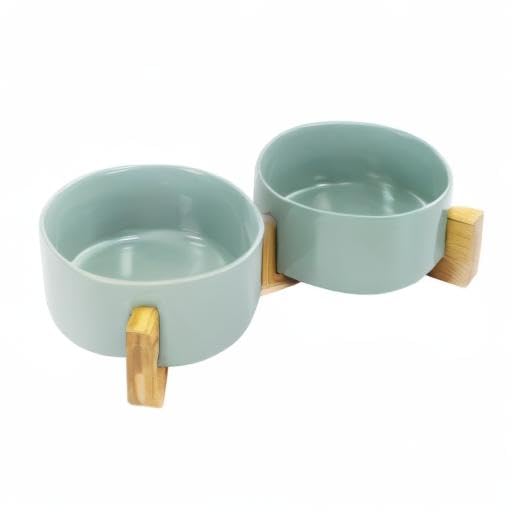 Ceramic Dog and Cat Bowl Set with Wooden Stand (3.6 cups / Morandi Green × 2)