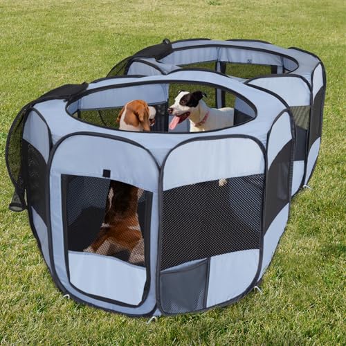 2-in-1 Pop Up Dog Playpen Cat Pet Puppy Playpen, Non-Detachable (Grey / 55.2"L x 27.6"W x 17"H)