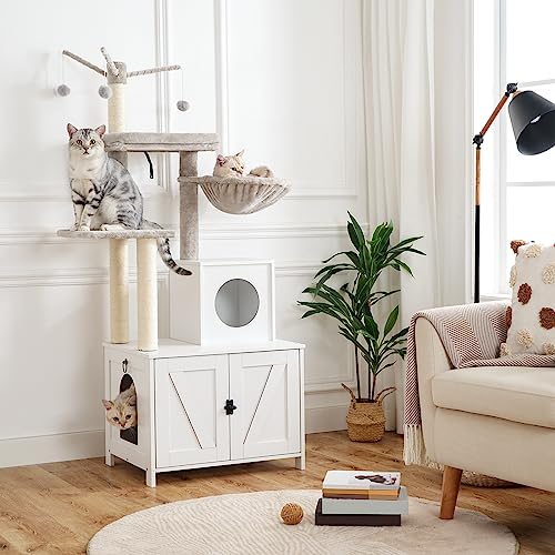 Cat Tree Tower with Litter Box Enclosure for Indoor (White)