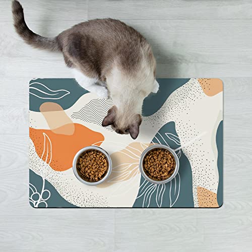 Dog Food Mat 12" x 19" Boho Absorbent Dog Cat Bowl Mat for Food and Water (Boho Abstract Leaves / 12"L x 19"W)