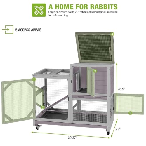 Rabbit Hutch Indoor Rabbit Cage with Wheels Outdoor Bunny House 2 Story Guinea Pig Cage with Leakproof Tarp Roof (Grey)