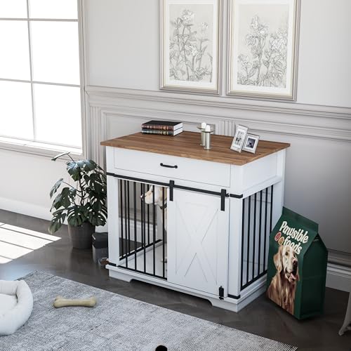 37.8'' Dog Crate Furniture with Storage Drawer (White)