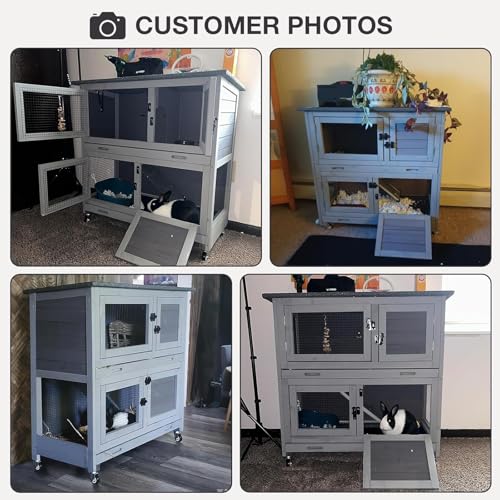 Rabbit Hutch with Trap Door Indoor Rabbit Cage with 4 Casters Bunny cage 2 Story & 2 Trays Guinea Pig Cage 36 inchs Bunny Cage (Grey-AIR77)
