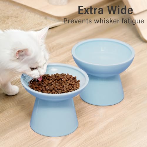 Extra Wide Elevated Ceramic 6.2" Deeper Cat Water Bowl (Blue-Deeper)