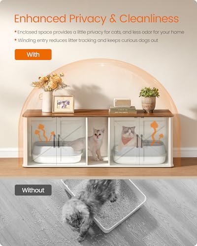 Double Cat Litter Box Enclosure (Honey Brown + Rustic White / XXL (59"L x 19"W x 19.5"H))