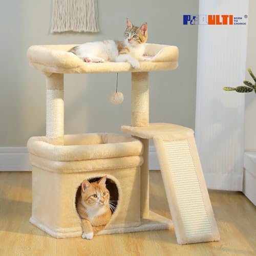 Small Cat Tree Tower for Indoor Cats with Large Perch (Beige / L Plus(19.3"L x 12.2"W))