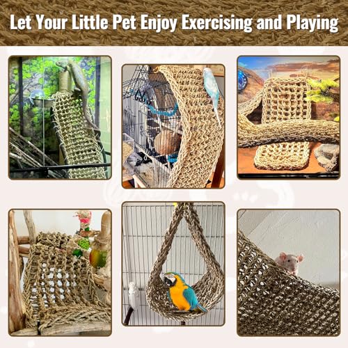 2Pcs 29.5 x 7 inches Large Bird Seagrass Mat Grass Woven Net Parrot Hammock Mat Parakeet Climbing Rope Ladder with Hooks Bird Cage Accessories for Conure Cockatiel Budgie Macaw Bearded Dragon (2PCS)