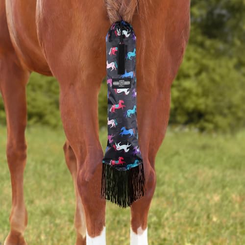 Smooth Lightweight Adjustable Fastener Nylon Horse Tail Bag with Fringe (Pony Print Black)
