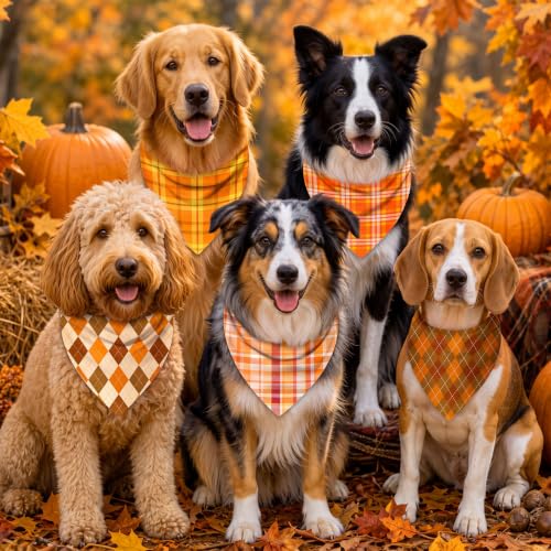 100 Pcs Fall Plaid Dog Bandanas Bulk Autumn Gingham Check Pattern (25.6 x 17.7 x 17.7 Inch / Fall Plaid)
