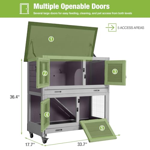 Rabbit Hutch Indoor Mobile Outdoor Bunny Cage with Openable Middle Door (Grey / 36.0"L x 17.7"W x 36.4"H)