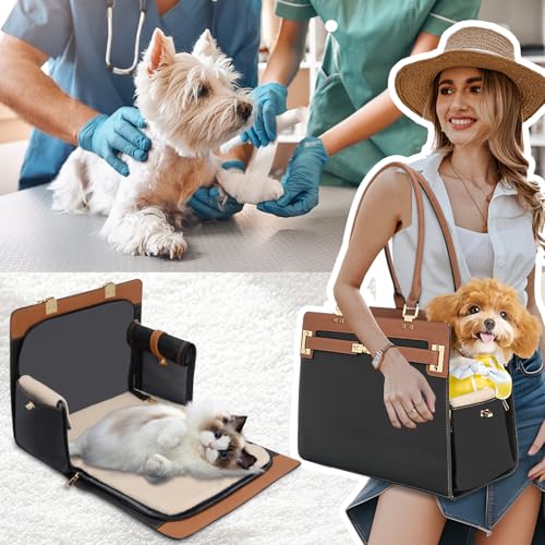 2-in-1 Stylish Dog Purse Carrier Soft-Sided Carriers Travel Tote Bag for Small Dogs Cats, Fashion Foldable Pet Bag for Puppies Small Animals with Pockets (Black+Brown, 15" L x 7.5" W x 12.2" H) (Black+Brown / 15" L x 7.5" W x 12.2" H)