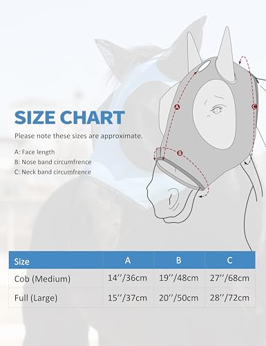 Horse Fly Mask with Forelock Opening Stretch Breathable and Comfortable for Horses UV (Ice Blue / L)