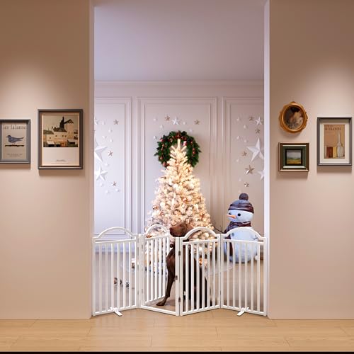 Metal No Assembly Freestanding Dog Gate with Door Walk Through (White S / 4 panels 80"W*30"H HFG)