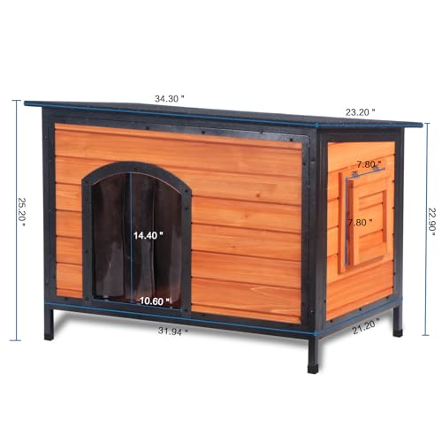 Outdoor Wooden Dog House Weatherproof Metal Frame Chew Proof Pet Shelter (34.3"Length)