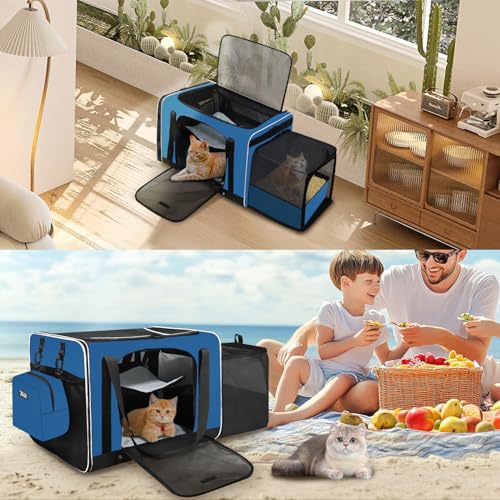 Side Expandable Large Cat Carrier with Litter Box (Prussian Blue)