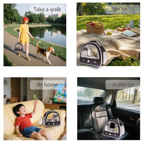 Parrot Travel Cage Carrier with Bird Cage Bells Mirror Set (Black / 12.0"L x 8.0"W x 12.0"H)