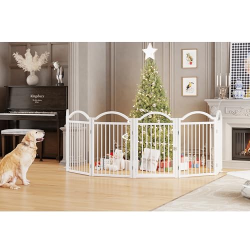 Metal No Assembly Freestanding Dog Gate with Door Walk Through (White C / 6 panels 144"W*32"H HYG)