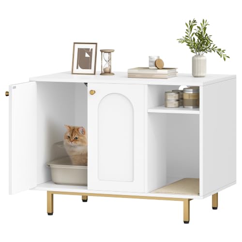 Cat Litter Box Enclosure (White and Gold / 31.4"L x 19.6"W x 24"H)
