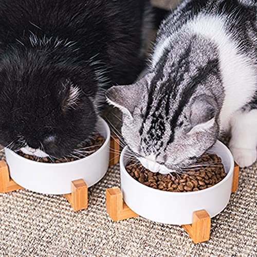 White Ceramic Cat Dog Bowl Set with Stand (White / Puppy/Small Size Dogs & Cat Bowls 400ML*2)