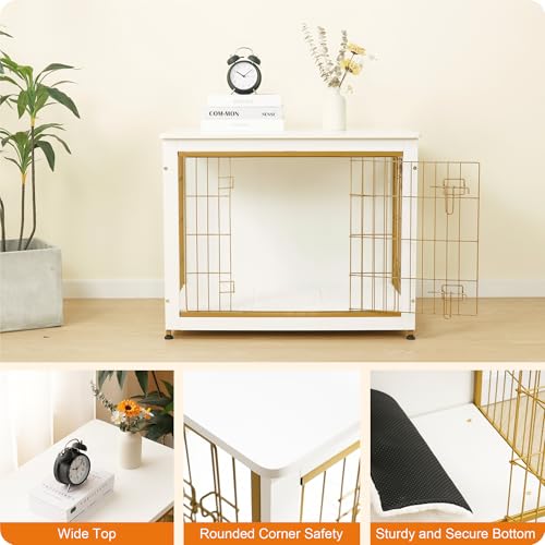 32.5" Dog Crate Furniture with Cushion (White+Gold / 32.5"L x 21.9"W x 25.6"H)