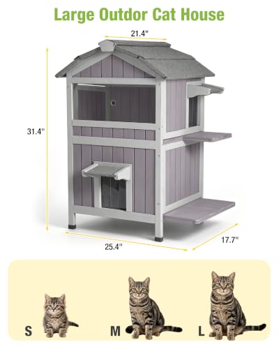 Outdoor Cat House Weatherproof Feral Cat Shelter with Escape Doors (Grey / Gable Roof - 26.8"W)