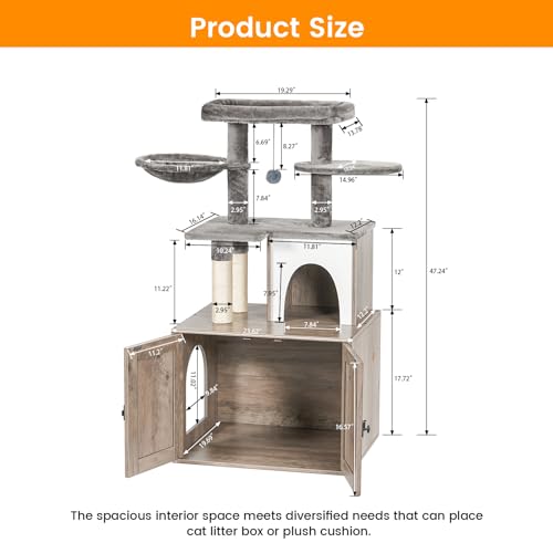 Cat Litter Box Enclosure with Tree Tower and Condo (Grey)
