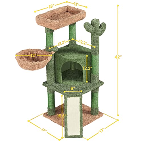 42in Green Cactus Cat Tree Tower with Scratching Posts and Condo (Green & Brown)