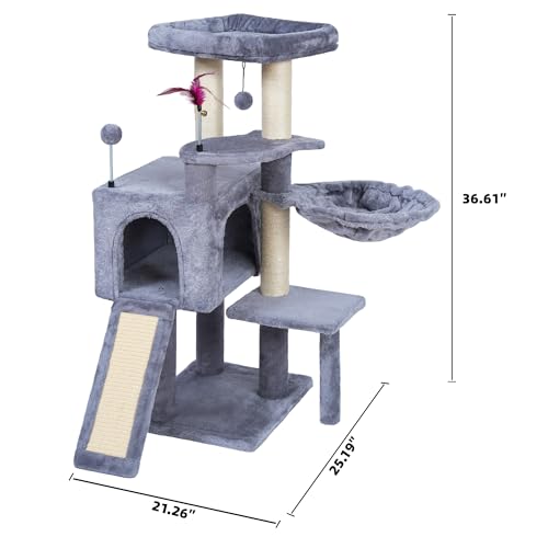 Cat Tree Has Scratching Toy with A Ball Activity Centre Cat Tower Furniture Jute (Grey / 36.6'')