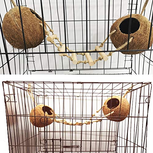 5PCS Bird Hides Coconut Nest with Ladder Perches Hanging Parrot House Cage Natural Coconut Fiber Parakeet Chewing Toys Intelligence Training Rings for Small Budgies Cockatiels