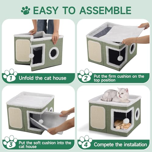 Cat House Bed for Indoor Cats with Fluffy Ball and Scratch Pad Green (Green / Large)