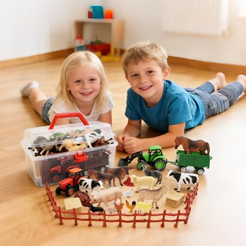 3 Pack Farm Toy Tractor with 40pcs Plastic Farm Animals Figurines and Fence Farm Playset (Farm Animals Figurines)