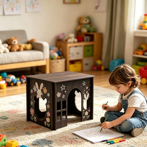 Large Sturdy Wooden Rabbit Castle Hideout with Spacious Balcony (Walnut Style 2 / Medium)