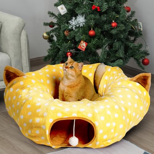 Cat Donut Tunnel with Bed for Kitten Puppy Rabbit Ferret (Yellow)