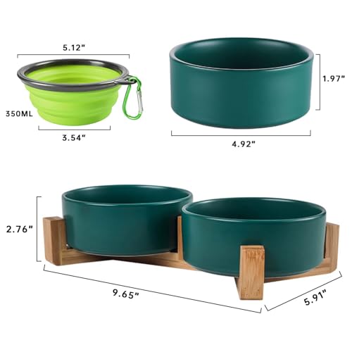 Dog Bowls Green Ceramic Cat Dog Bowl Set with Stand for Food and Water Feeder (Deep Green / 850ML*2)