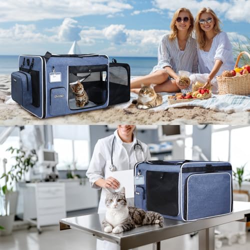 Side Expandable Extra Large Cat Carrier with Litter Box (Blue)