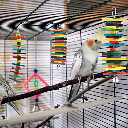 4 Pcs Bird Parrot Toys with Multicolored Natural Wood Blocks