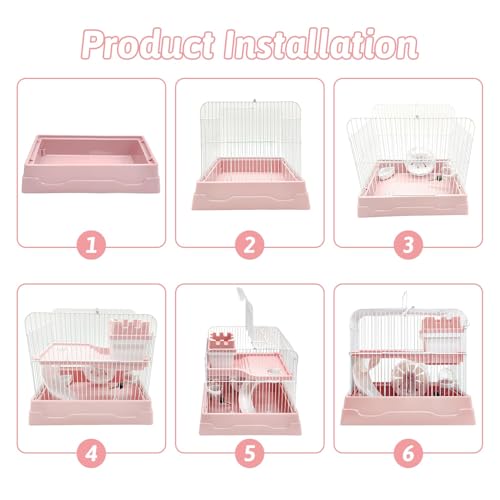 2 Tier Dwarf Hamster Cage (M: 11.7x8.7x9.8in / Pink)