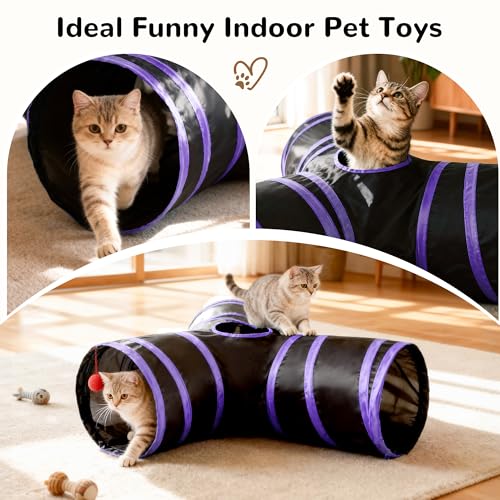 Cat Tunnel, 3-Way Collapsible Toy for Indoor Cats, Black & Purple (Black & Purple / Small)