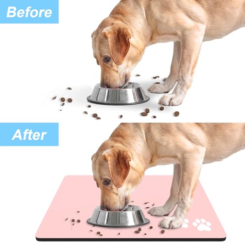 Dog Food Mat 12" x 19" Footprint Absorbent Dog Cat Bowl Mat for Food and Water (A-Pink Footprint / 12"L x 19"W)
