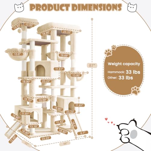 87 in Multi Level Tall Cat Tree Tower for Large Cats (Beige)