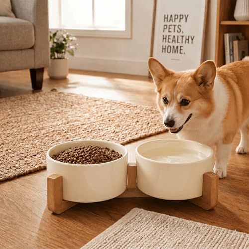 Ceramic Dog and Cat Bowl Set with Wooden Stand (3.6 cups / Beige × 2)