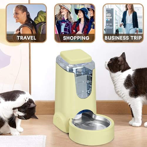 Portable Automatic Cat Feeder and Water Dispenser with Stainless Steel Bowl Dog Gravity Food Feeder and Waterer for Small Medium Pets Puppy Kitten 1 Gallon x 2 (Cream Yellow)