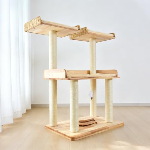 Modern Natural Real Wood Large Cat Tree with Extra Large Platform Perch for Indoor Cats Maine Coon (F)