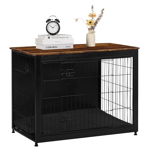 38.5" XL Dog Crate Furniture with Cushion (Black+Rustic Brown / 38.5"L x 25.6"W x 26.8"H)
